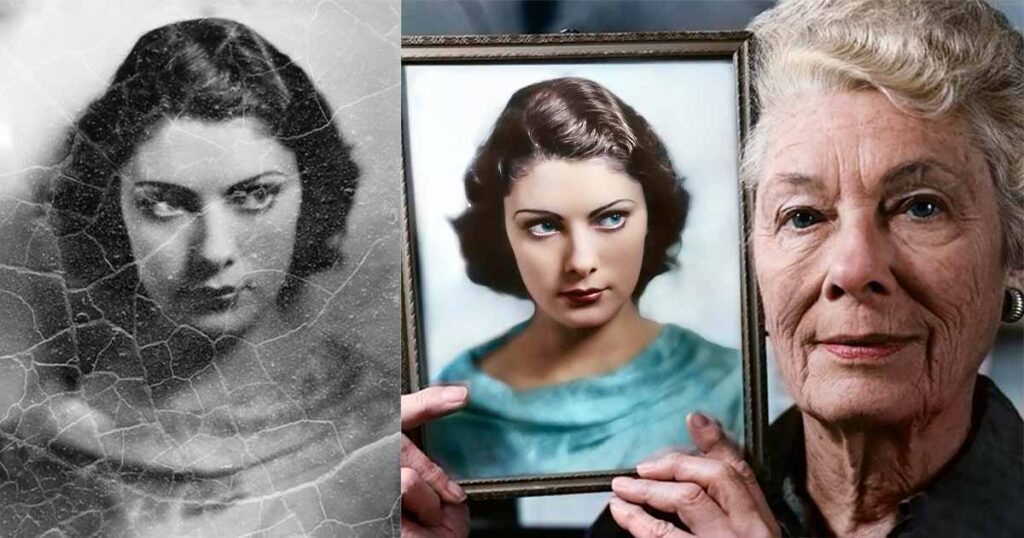 Old Woman Holds Restored Photo of Her Younger Self