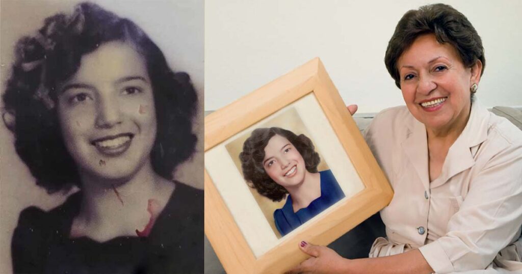 Woman Holds Restored Photo of Her Youth