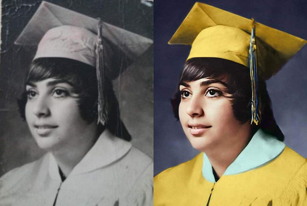 Blurry and Scratched Photo Before and After Restoration and Colorization