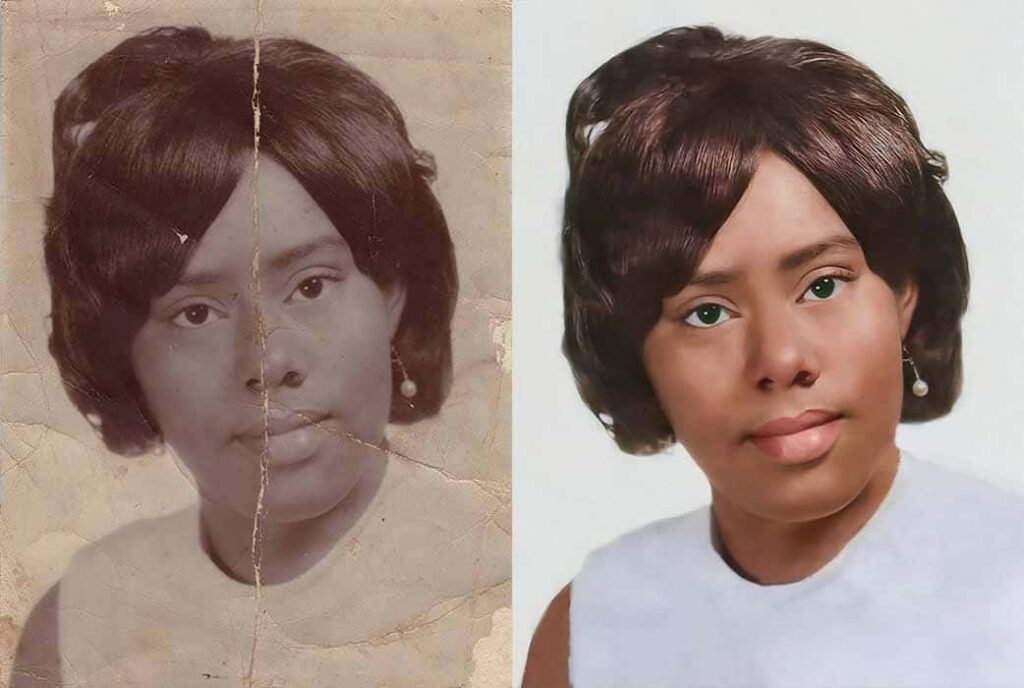 Old Portrait Photo Before and After Removing Cracks and Addling Color