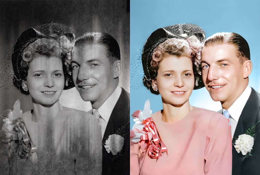 Vintage Family Portrait Before and After Fixing Stains and Other Damage